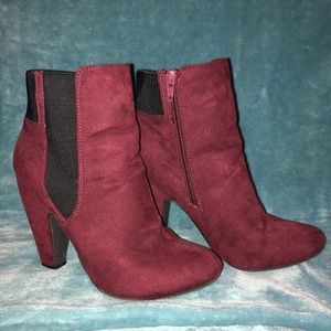 Maroon suede heeled booties